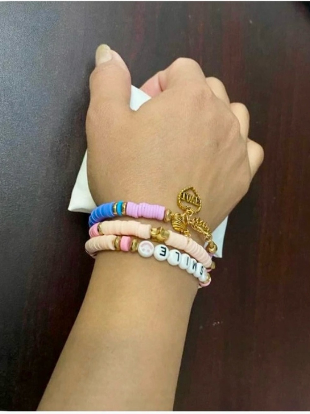 Beaded Smile Stack Bracelet Set - Pink, Blue & Cream